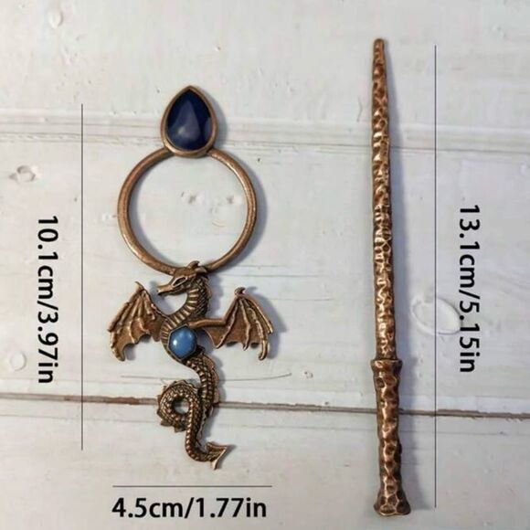 Vintage Viking Dragon Hair accessory with blue stone accent bronze tone - Picture 4 of 4